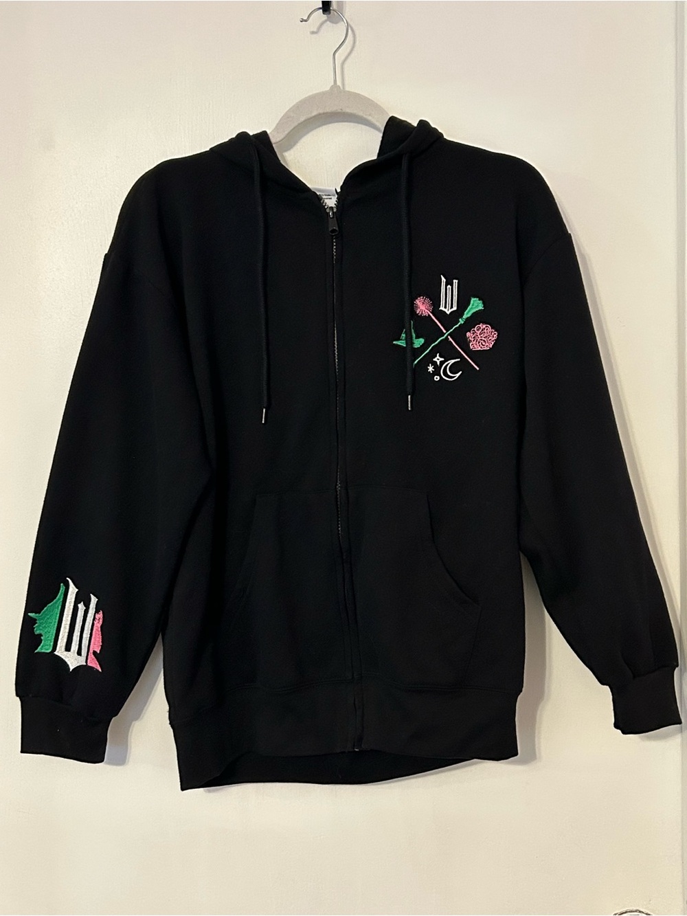 NWOT Black Wicked Zip Hoodie with Pink & Green Themed Embroidery